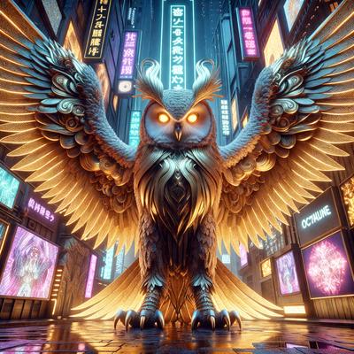 Primary subject: A large, golden owl with glowing eyes, standing on a city street.

Setting/background: The owl is standing on a city street, surrounded by tall buildings and neon lights.

Visual style: The image is a digital art or illustration, featuring a detailed and vibrant owl.

Colors and mood: The owl has a golden color, and the overall atmosphere is lively and energetic, with the bright lights and bustling city environment.